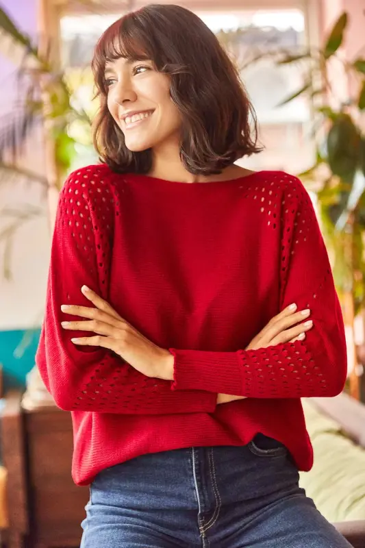 Woman Red Openwork Batwing Oversize Knit Sweater KZK-19000524-Red - 1