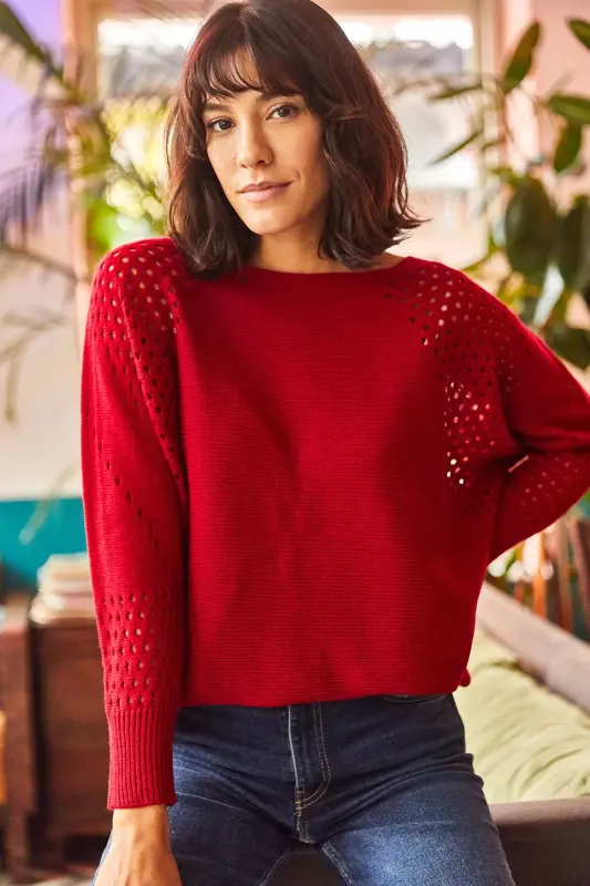 Woman Red Openwork Batwing Oversize Knit Sweater KZK-19000524-Red - 2