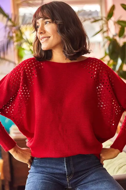 Woman Red Openwork Batwing Oversize Knit Sweater KZK-19000524-Red - 4