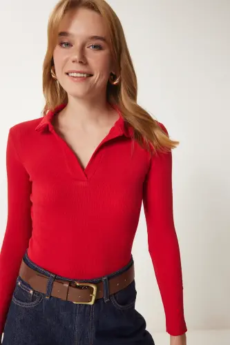 Woman Red Polo Collar Ribbed Knit Blouse GT00111-Red - 2