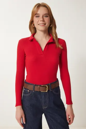 Woman Red Polo Collar Ribbed Knit Blouse GT00111-Red - 5