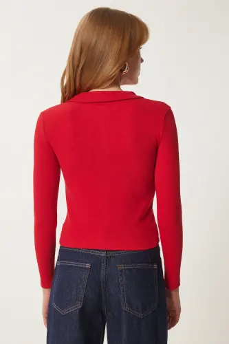 Woman Red Polo Collar Ribbed Knit Blouse GT00111-Red - 7