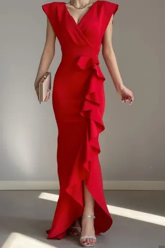 Woman Red Scuba Diver Fabric Crossover Collar Skirt Ruffled Evening Graduation Wedding Dress-red - 1