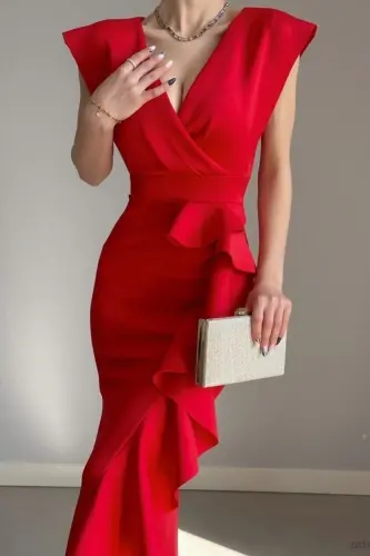 Woman Red Scuba Diver Fabric Crossover Collar Skirt Ruffled Evening Graduation Wedding Dress-red - 3