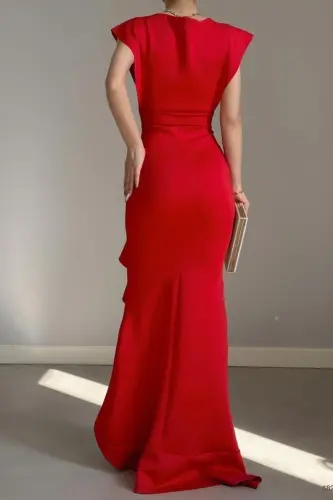 Woman Red Scuba Diver Fabric Crossover Collar Skirt Ruffled Evening Graduation Wedding Dress-red - 4