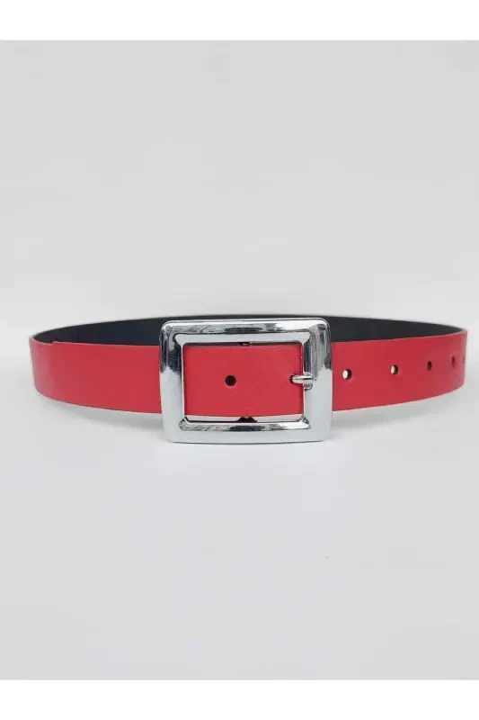 Woman Red Silver Buckle Belt - Red - KEMERIX