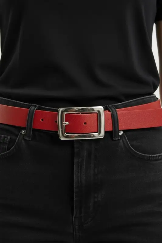 Woman Red Silver Buckle Belt - Red - 2