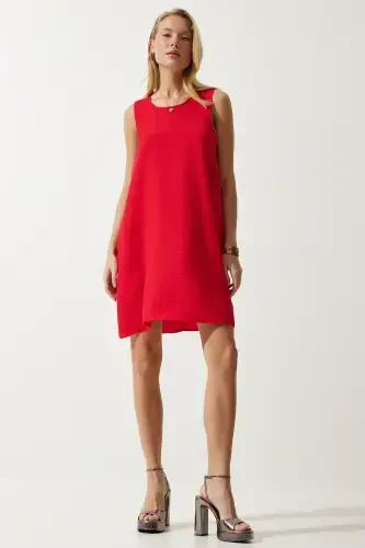 Woman Red Sleeveless Linen Viscose Bell Dress JH00005-Red - 1