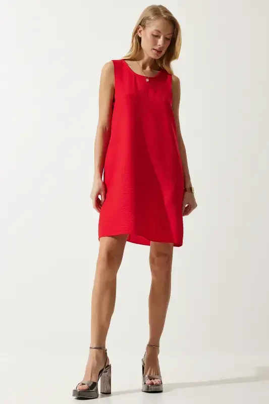 Woman Red Sleeveless Linen Viscose Bell Dress JH00005-Red - 2