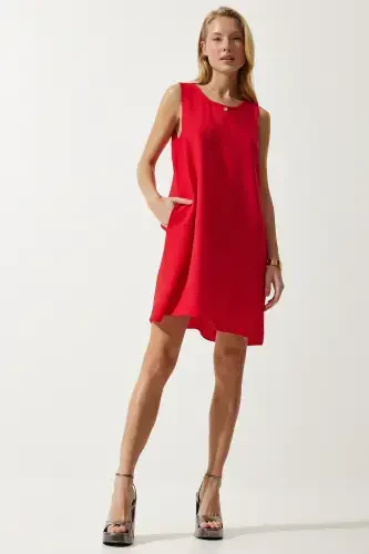 Woman Red Sleeveless Linen Viscose Bell Dress JH00005-Red - 3