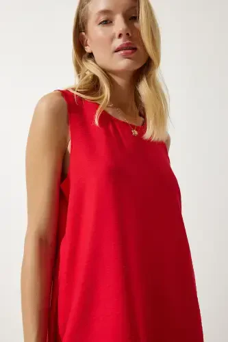 Woman Red Sleeveless Linen Viscose Bell Dress JH00005-Red - 4