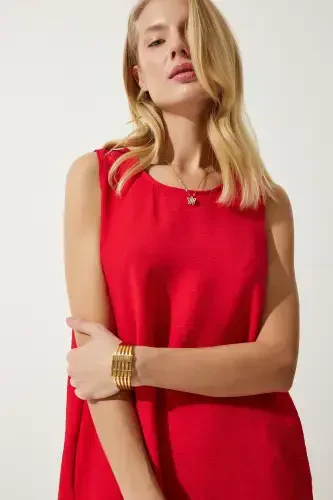 Woman Red Sleeveless Linen Viscose Bell Dress JH00005-Red - 5