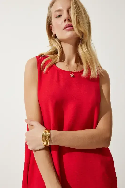 Woman Red Sleeveless Linen Viscose Bell Dress JH00005-Red - 5