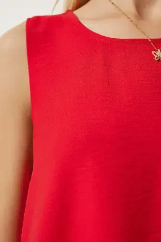 Woman Red Sleeveless Linen Viscose Bell Dress JH00005-Red - 6
