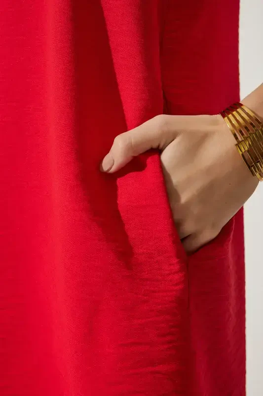 Woman Red Sleeveless Linen Viscose Bell Dress JH00005-Red - 7