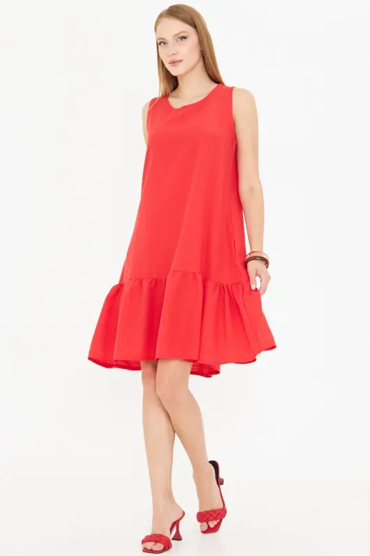 Woman Red Sleeveless Ruffled Dress Arm-18y001156-Red - 2