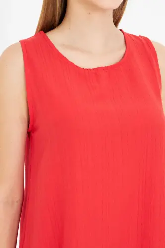 Woman Red Sleeveless Ruffled Dress Arm-18y001156-Red - 4