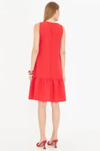 Woman Red Sleeveless Ruffled Dress Arm-18y001156-Red - 5