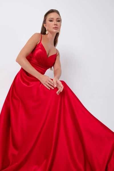 Woman Red Spaghetti Strap Belted Waist Satin Long Dress - Lafaba
