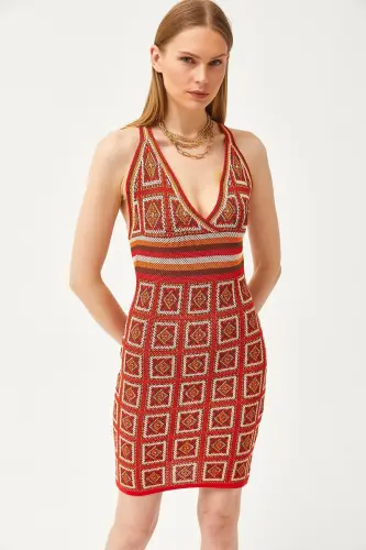 Woman Red Spaghetti Strap Patch Pattern Cross Back Mini Knitted Dress ELB-19002068-Red - 3