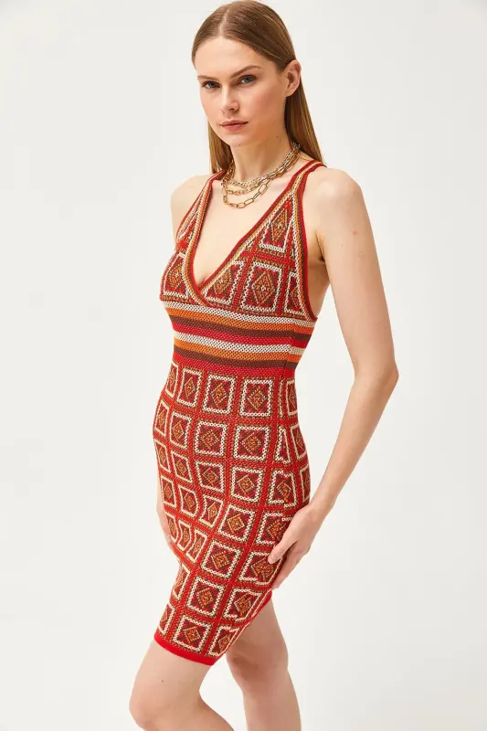Woman Red Spaghetti Strap Patch Pattern Cross Back Mini Knitted Dress ELB-19002068-Red - 5
