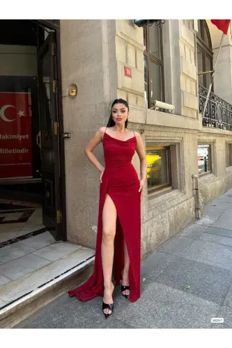 Woman Red Spaghetti Strap Sequin Fukuro Fabric Evening Dress-Red - 1