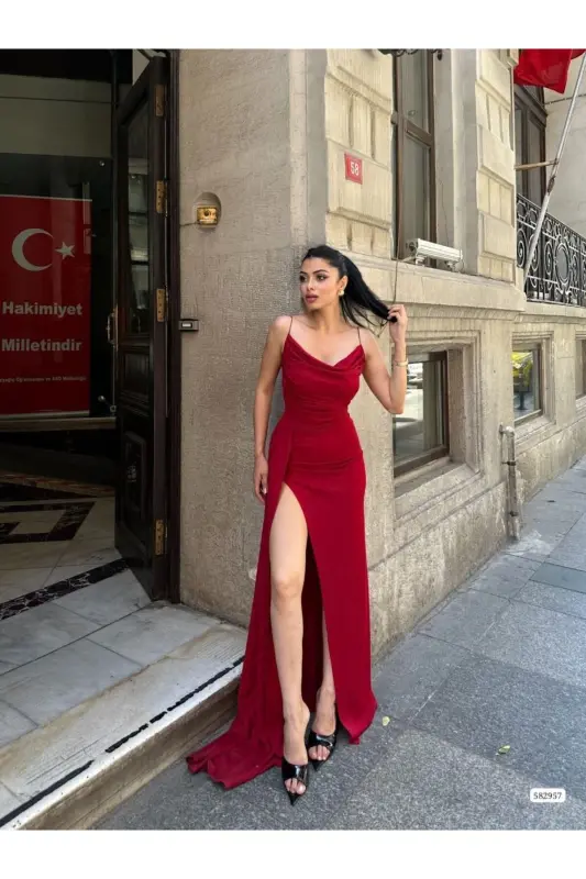 Woman Red Spaghetti Strap Sequin Fukuro Fabric Evening Dress-Red - 2