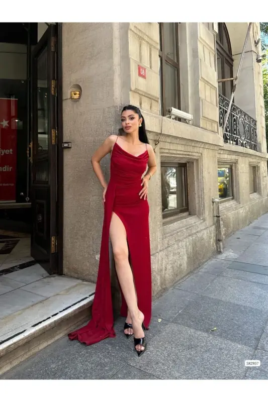 Woman Red Spaghetti Strap Sequin Fukuro Fabric Evening Dress-Red - 3
