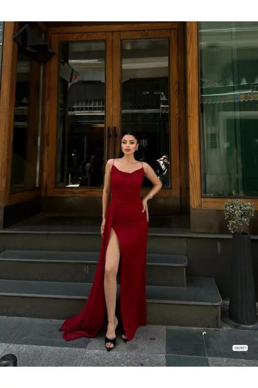 Woman Red Spaghetti Strap Sequin Fukuro Fabric Evening Dress-Red - 4