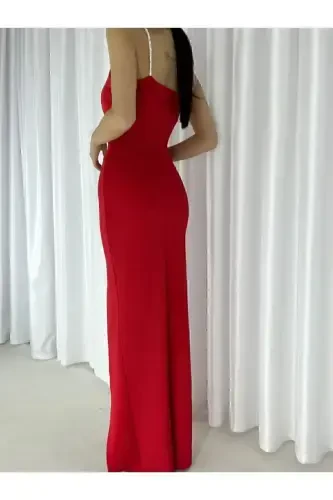 Woman Red Stone Strap Slit Imported Scuba Fabric Evening Dress Engagement Wedding Graduation Dress-Red - 2
