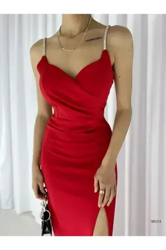 Woman Red Stone Strap Slit Imported Scuba Fabric Evening Dress Engagement Wedding Graduation Dress-Red - 4