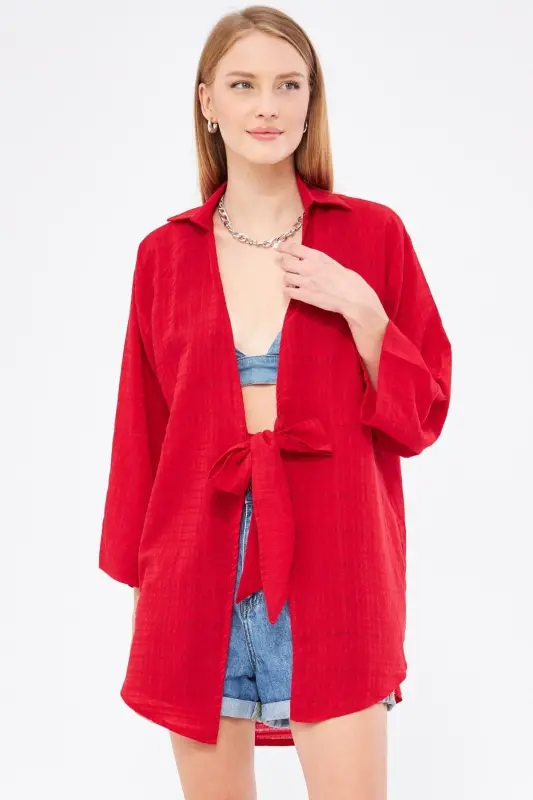 Woman Red Striped Self-Drawn Front Tie - 1