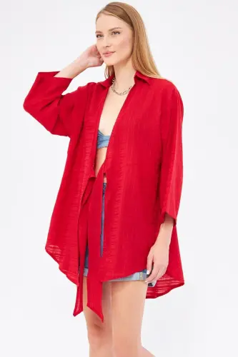 Woman Red Striped Self-Drawn Front Tie - 3