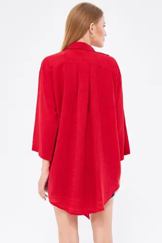 Woman Red Striped Self-Drawn Front Tie - 4