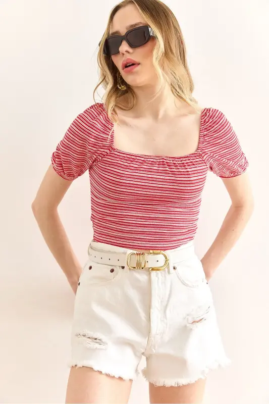 Woman Red Striped Striped Crop Knitted Blouse BLZ-1 - 1