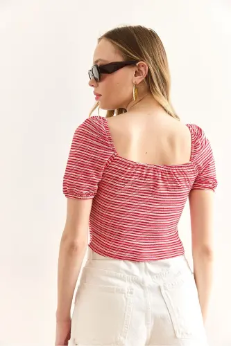Woman Red Striped Striped Crop Knitted Blouse BLZ-1 - 5