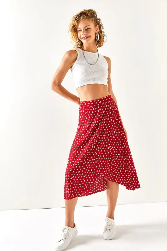 Woman Red Tiny Floral Wrap Skirt ETK-19000 - 4