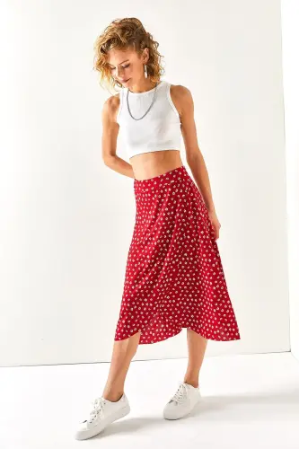 Woman Red Tiny Floral Wrap Skirt ETK-19000 - 5