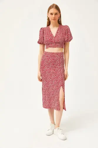 Woman Red Top Buttoned Blouse Skirt With Slit Detail - OLALOOK (1)