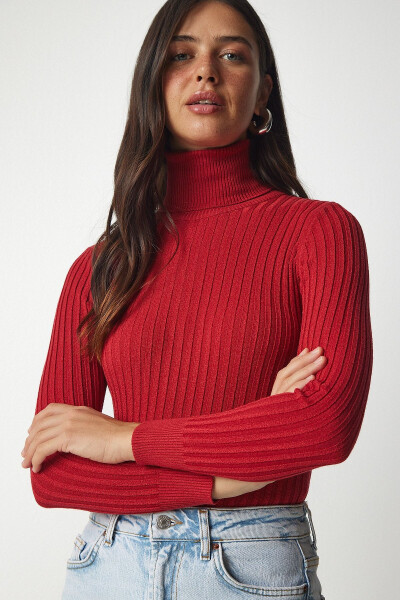 Woman Red Turtleneck Ribbed Basic Sweater bv00095 - HAPPINESS İSTANBUL (1)