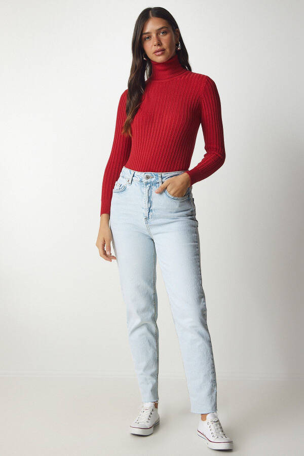 Woman Red Turtleneck Ribbed Basic Sweater bv00095 - 3