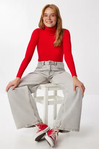 Woman Red Turtleneck Ribbed Lycra Sweater DD01007-Red - 1