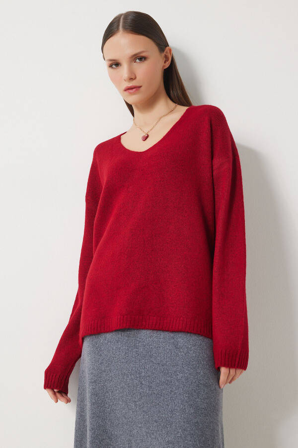 Woman Red V Neck Knitwear Sweater ZA00063-Red - 1
