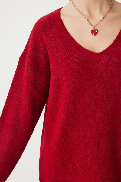 Woman Red V Neck Knitwear Sweater ZA00063-Red - 3