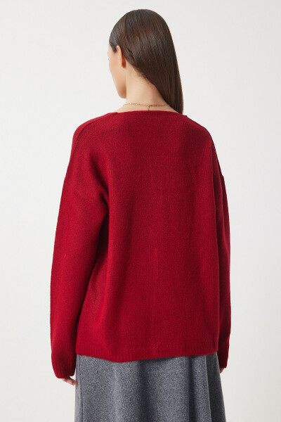 Woman Red V Neck Knitwear Sweater ZA00063-Red - 4