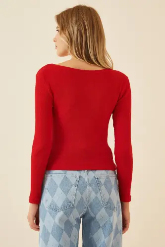 Woman Red V Neck Ribbed Lycra Knitted Blouse GT00057-Red - 3