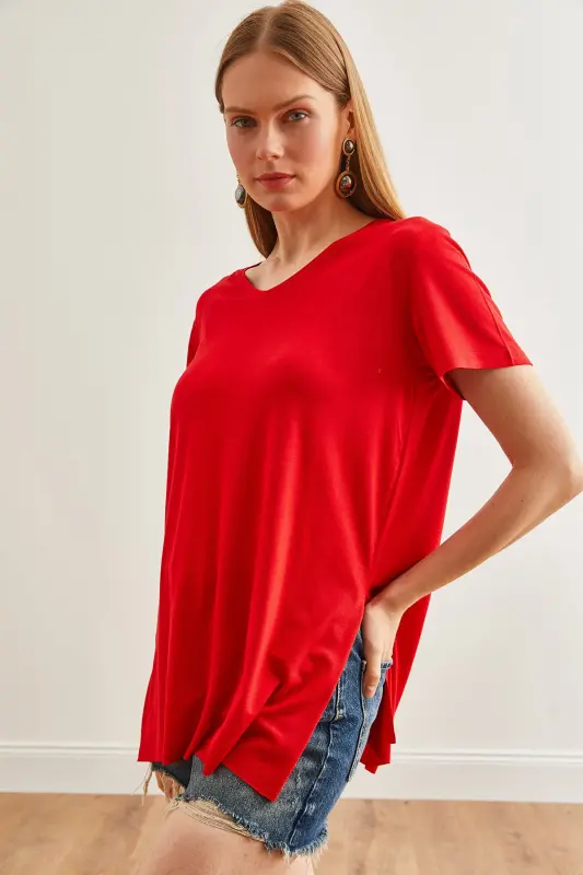 Woman Red V Neck Side Slit Baggy Loose - 3