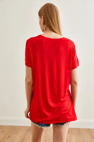 Woman Red V Neck Side Slit Baggy Loose - 5