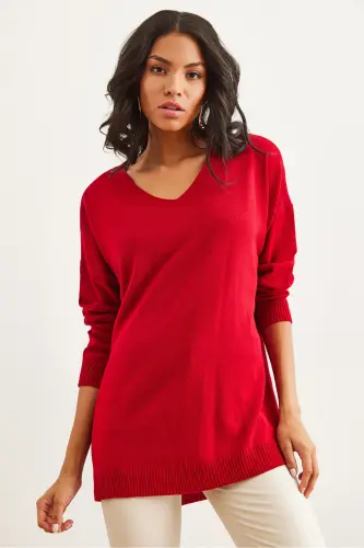 Woman Red V Neck Side Slit Basic Knitted Sweater KZK-19000868-Red - 3