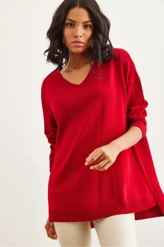 Woman Red V Neck Side Slit Basic Knitted Sweater KZK-19000868-Red - 4